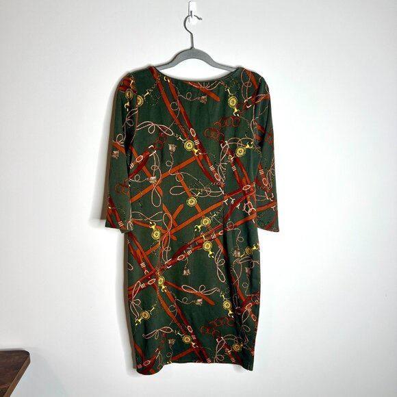 Talbots Olive Green Cotton Equestrian Print Shift Dress Preppy Old Money Sz L - Picture 7 of 7